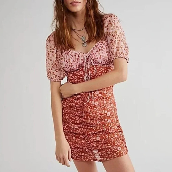 Free People Tessa Ruched  Mini Dress in Primrose Combo Pink Floral Size XS - Picture 1 of 8